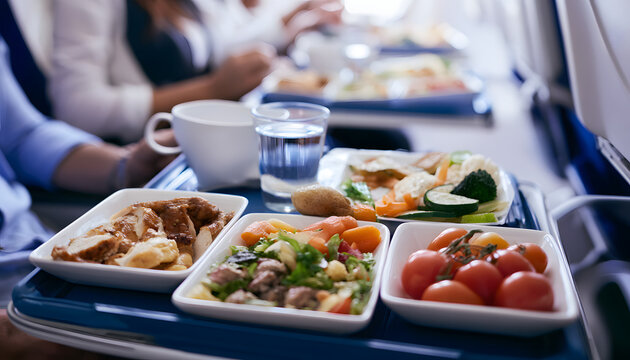 Meals for passengers on airlines are served on trays within the cabin. Food items typically include chicken, salad, vegetables, and tomatoes. Meals are consumed during the flight by passengers for lun