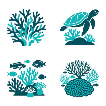 Marine life icons set featuring sea turtle coral reefs and tropical fish in teal and blue colors.