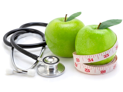 Two green apples and medical stethoscope on white background | Health and weight loss concept with stethoscope and measuring tape | Fresh green granny smith apples with measuring tape for diet 