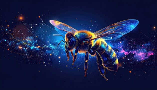 Vibrant Glowing Blue and Golden Bee Flying Through a Cosmic Nebula with Stars and Constellation Lines - Detailed Digital Art Illustration