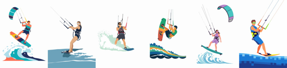 Set of Flat Vector Illustrations Depicting Kitesurfing Athletes Performing Various Maneuvers and Jumps on Ocean Waves © Nurdayatt