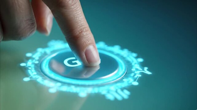 A finger pressing a digital GIS button on a futuristic touchscreen interface.