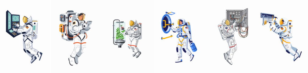 Set of flat vector illustrations depicting astronauts performing various scientific, maintenance, and technical tasks in space, isolated on a white background. © Nurdayatt