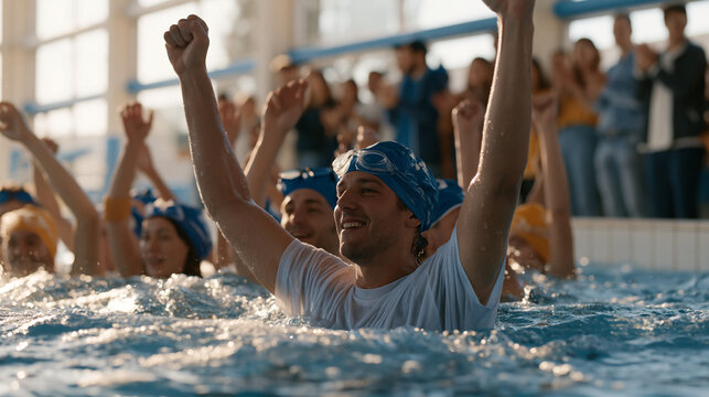 underwater hockey team surfacing together after scored goal, arms raised in celebration, pool edge spectators applauding, colorful caps and masks pushed to foreheads, indoor