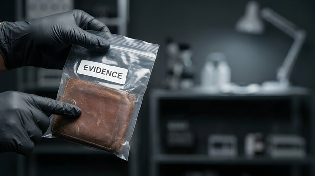 Detective holding evidence bag with leather wallet for theft investigation and forensic examination