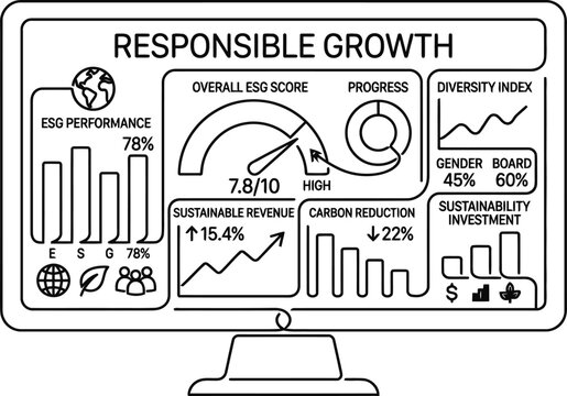 Computer monitor displaying a dashboard for corporate responsible growth and ESG metrics.