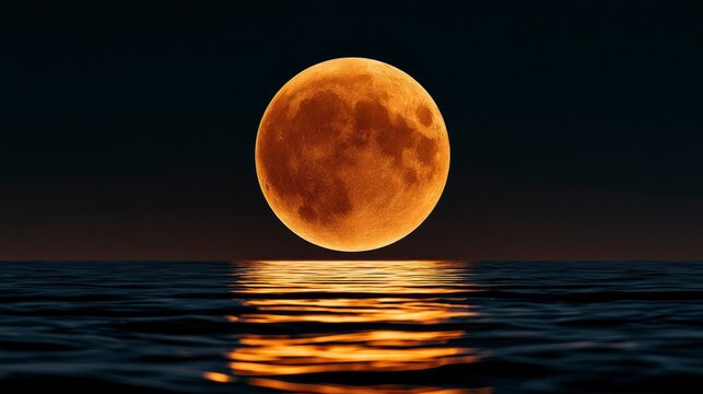 Full orange moon rising over dark ocean waves with golden reflection in cinematic night landscape for travel marketing