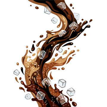 A dynamic splash of cold coffee with floating ice cubes