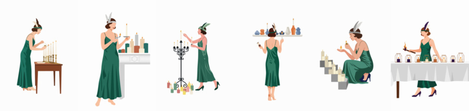 Set of elegant flapper women in green dresses lighting various candles, flat vector illustration isolated on white background in 1920s vintage style.