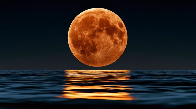 Harvest moon glowing over calm sea ripples with vivid orange reflection in dramatic night scene for mystical branding and content