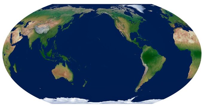 World Map. Wagner IV projection animation. High-detail physical map of Earth. Longitude rotation video.