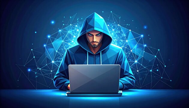Hooded hacker working on a laptop in a glowing blue digital network representing cybersecurity and online threats