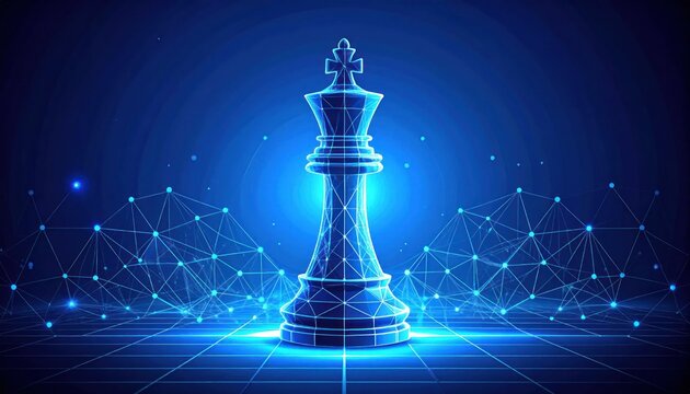 Majestic glowing blue wireframe chess king standing prominently on a futuristic digital grid surrounded by an abstract network of interconnected lines and dots.