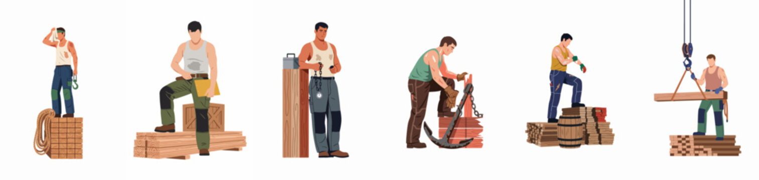 Set of Illustrations Featuring Strong Male Laborers and Dockworkers Handling Construction Materials and Maritime Equipment on a White Background