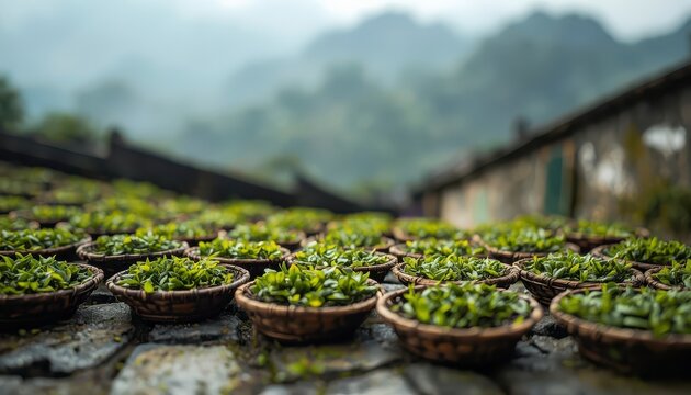 Miniature tilt-shift macro photography of traditional tea leaves drying in small woven baskets on stone pavement, ancient village model backdrop.