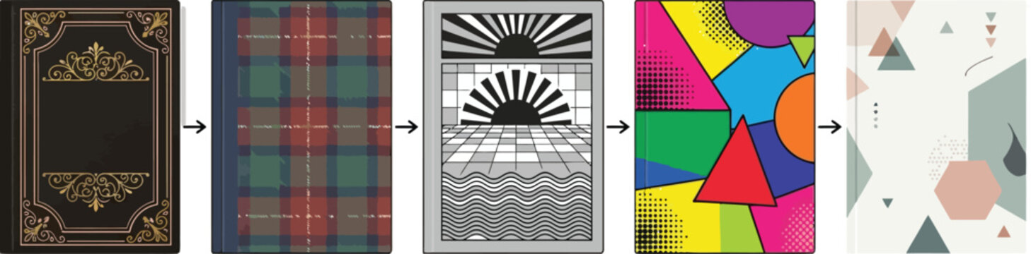 Set of five distinct book cover design templates ranging from vintage ornate to modern abstract