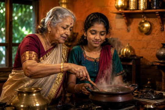 South Indian Tamil Grandmother in Silk Saree Teaching Granddaughter to Cook in Traditional Kitchen with Brass Utensils