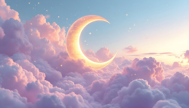 Golden 3D crescent moon and stars floating in a soft pastel cloud-like environment