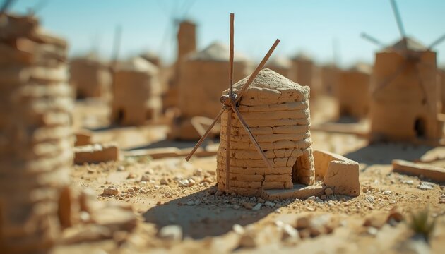 Miniature tilt-shift macro photography of ancient Persian windmills in Nashtifan, beautiful clay mud-brick windmill model diorama in the desert.
