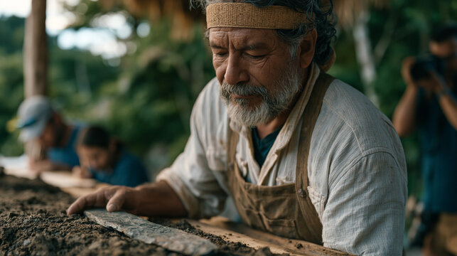 Field archaeologist on an Aztec pyramid scaffold carefully lifts a carved obsidian ceremonial blade from compacted earth while colleagues document measurements and a site