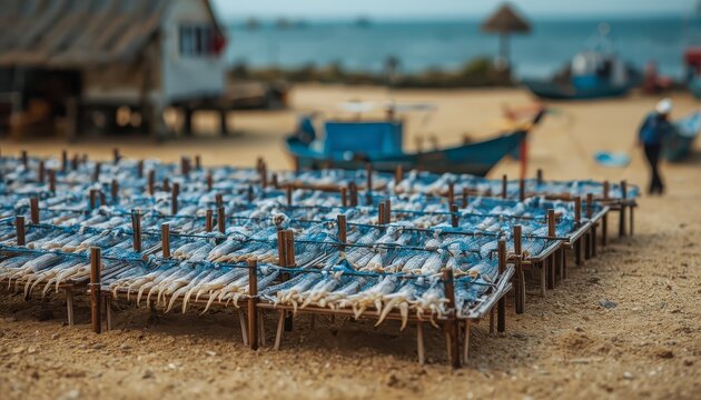 Miniature tilt-shift macro photography of traditional fish and squid drying on wooden racks at a coastal fishing village model beach.
