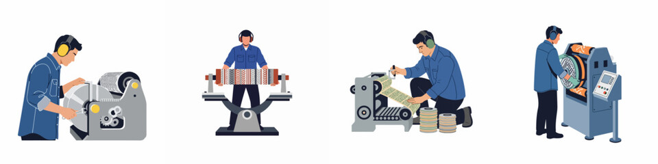 Fototapeta premium Industrial factory workers operating various manufacturing machines for production, featuring ear protection and blue uniforms in a clean flat illustration style.