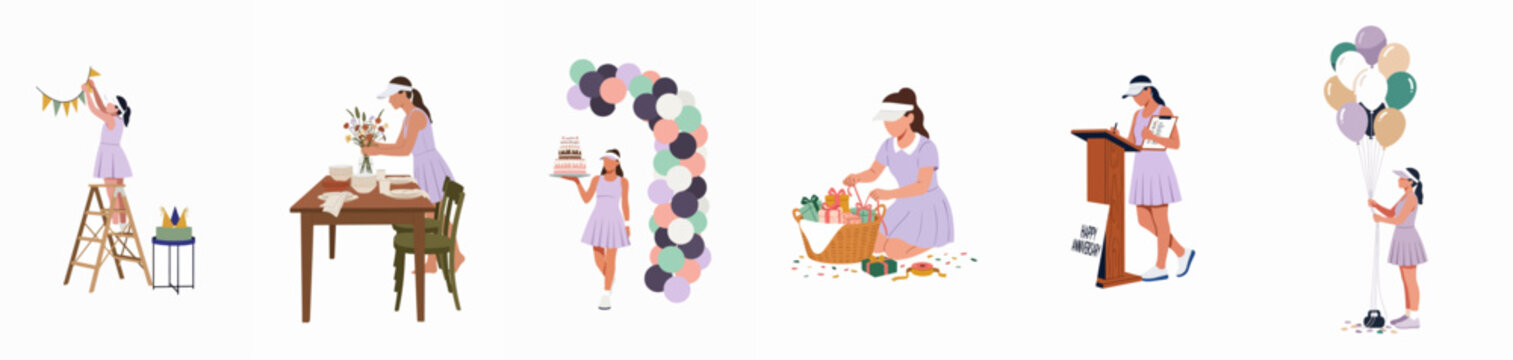 Flat vector illustration set of women in tennis attire organizing and preparing for a celebratory anniversary event with decorations, cake, and gifts.