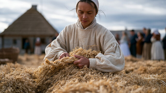 Living history farm demonstrating nineteenth century Ukrainian harvest techniques at a cultural heritage site, costumed interpreters binding sheaves of grain with traditional