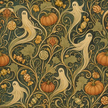 Art Nouveau Halloween seamless pattern with spooky ghosts, pumpkins, and vintage candies on dark green background, generative AI
