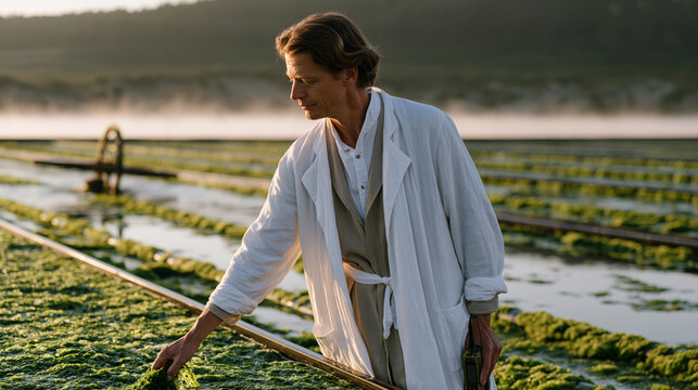 Algae cultivation researcher collecting a sample from an open raceway pond at a coastal bioenergy farm, early morning mist hovering over the shallow raceways as a paddlewheel