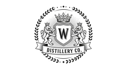 Fototapeta premium Royal Distillery Logo Emblem with Lions and Crown - Vintage Heraldic Design