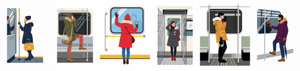 Set of flat vector illustrations depicting various people in winter parkas commuting on a subway, featuring scenes from daily public transport life. © Nurdayatt