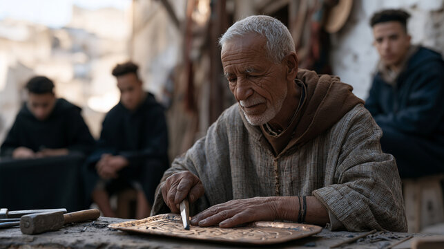 Algerian artisan quarter at golden hour where a master copperplate engraver hammers geometric calligraphic patterns into a serving tray, apprentices watching from low stools as