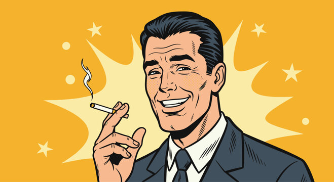 Retro Man Smoking Cigarette, Smiling, Pop Art Style, Yellow Background with Stars
