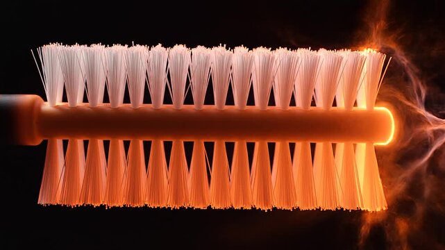 Glowing Orange Plasma Energy Moving Across Synthetic Brush Bristles
