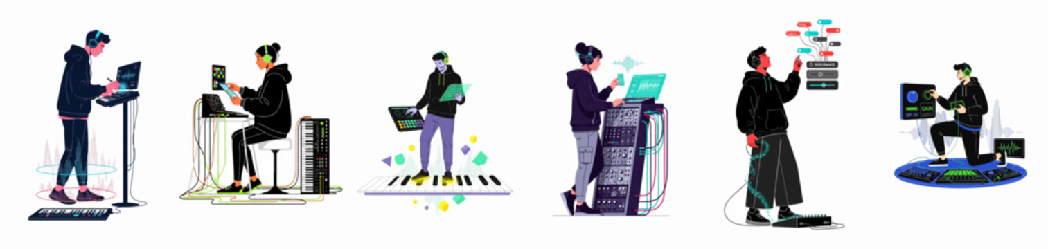Collection of Modern Flat Illustrations Featuring People Creating and Mixing Electronic Music Using Synthesizers, MIDI Controllers, and Digital Audio Workstations