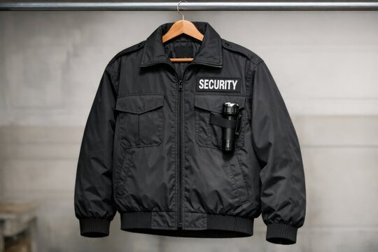 A black jacket with the word 'security' printed on it, suitable for use in various safety-related contexts