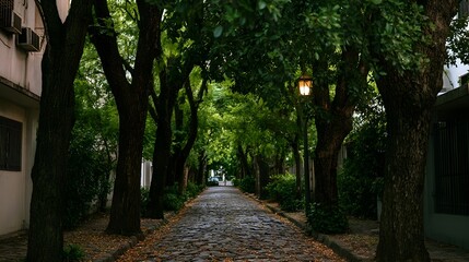 Fototapeta premium A mysterious and atmospheric cobblestone alley is deeply shaded by tall dense trees