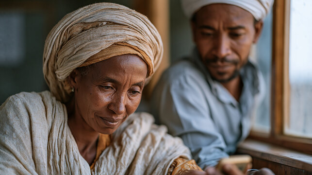 Smallholder farmer completing an agricultural microloan application on a fintech mobile platform at a rural post office counter, a loan officer beside her reviewing