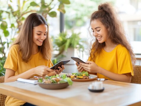 Friends using a mobile payment app to split a restaurant bill instantly. Modern cashless lifestyle concept.