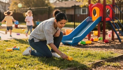 Naklejka premium Medium shot of a caregiver closely inspecting a grassy outdoor daycare playground ensuring safe play equipment while the background softly blurs childrens play activities.