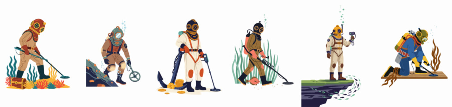 Set of vintage deep-sea divers in antique suits exploring the ocean floor, searching for treasure with metal detectors in various underwater scenes.