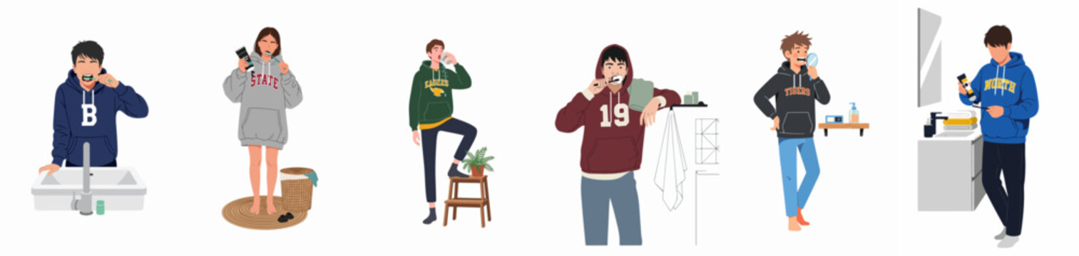 Flat illustration set of young men and women in hoodies performing morning routines like brushing teeth and drinking water.