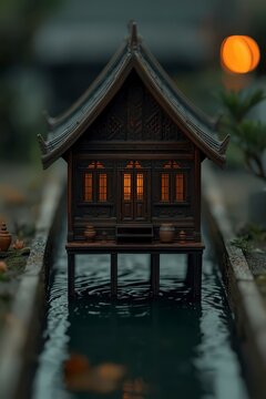 Magnificent moody tilt-shift macro photography of a miniature traditional Thai stilt house on a canal river, beautifully detailed wooden house model with warm window lights.