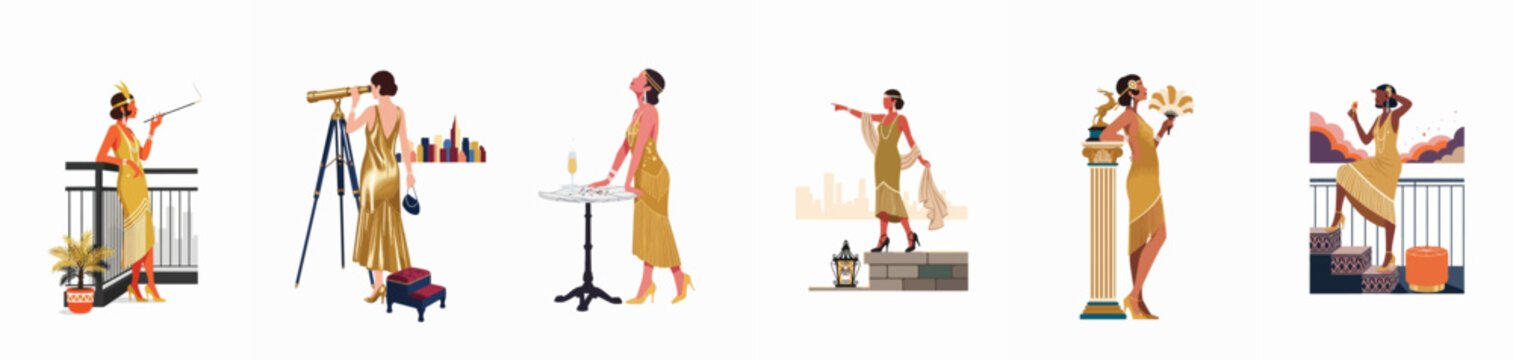 Collection of elegant 1920s flapper women illustrations in gold dresses, capturing the glamorous Art Deco style and the spirit of the roaring twenties.