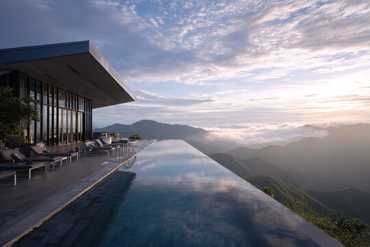 Modern luxury infinity pool overlooking misty mountains at dawn