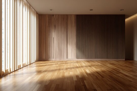 Empty minimalist room with wooden floor and wall panels