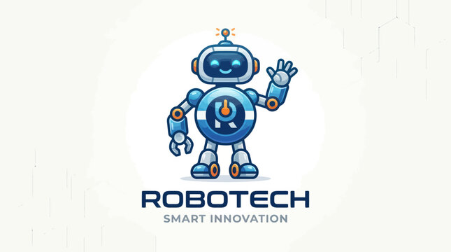 A futuristic robot character waves in a tech setting with logo