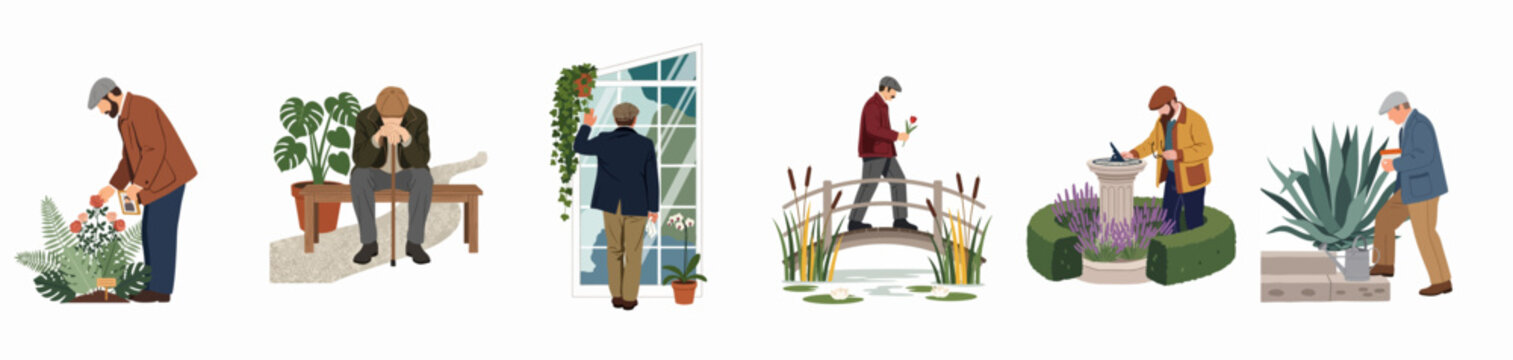 Set of flat illustrations depicting an elderly man dealing with grief, loss, and loneliness through quiet moments of reflection and memories.