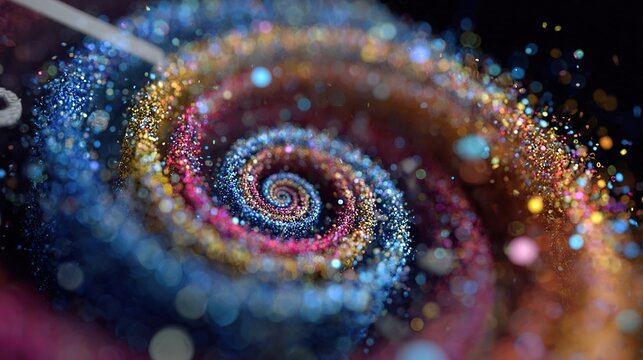 Abstract vibrant spiral of shimmering colorful particles